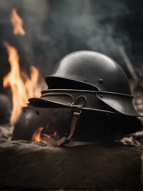 battlefiled，eventide，flame of war，crosses，in a panoramic view，smoke of gunpowder，Worn-out steel helmet