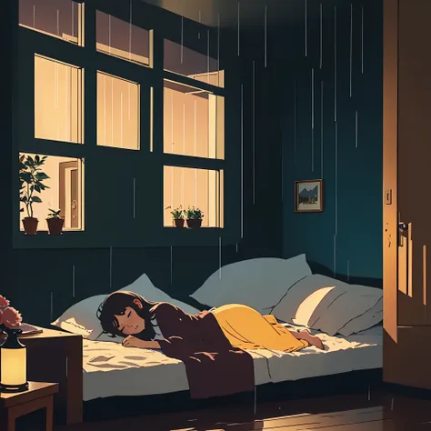 warm tomes, girl, room, cozy, night time, sleeping, rain, big window, relaxing