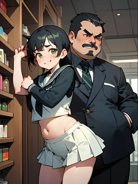 ​masterpiece,top-quality, 1 Male 1 Female,Girl walking arm in arm with fat uncle,(Petite girl,girl with black hair,Girl with green eyes,small tits,Navel Ejection、Girl in a sailor suit,Girl in a pleated skirt,Girl with a shy look,Little smiling girl,Red fac...