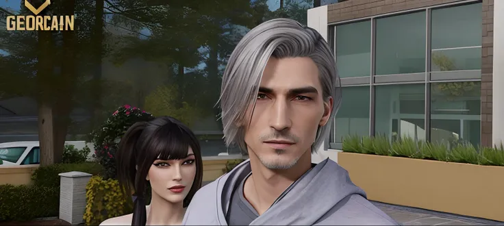 there is a man and a woman standing in front of a building, he has dark grey hairs, second life avatar, with fully detailed faces, with very highly detailed face, xqc, handsome stunning realistic, detailed and realistic faces, silver hair (ponytail), uhd r...