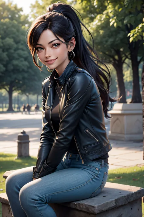 tmasterpiece, Best quality, profondeur de champ, cinematic light, Lens Flare, Ray Tracing. 1Kristin Kreuk, beaux yeux verts, ponytail, portant un blouson en cuir jaune, un pantalon en cuir noir et des bottes en cuir noires. Assise sur un banc dans un parc ...