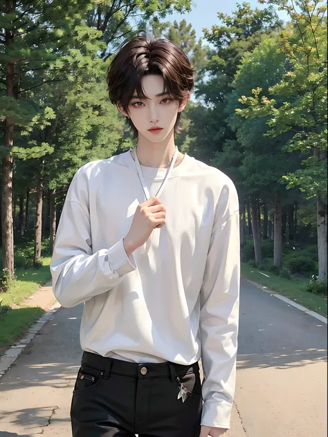 ​masterpiece、（top-quality)、((high-level image quality))、One Manly Boy、Slim body、((White Y-shirt and long black pants))、(Detailed beautiful eyes)、During a walk on the road at night in September、Face similar to Chaewon in Ruseraphim、((short hair above the ea...