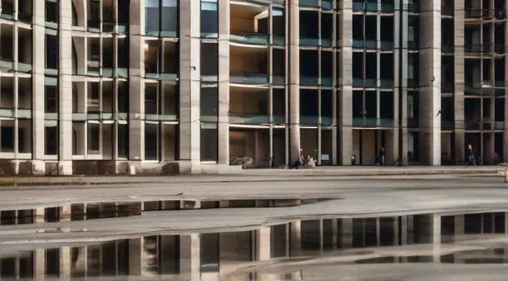 Shot on Nikon D850, wide lens, slow shutter speed, elongated distortion phases amidst urban chaos, people subtly interacting, shards of light reflecting, andreas gursky style, desaturated minimalism, grungy cityscape, soft ambient light, muted earth tones,...