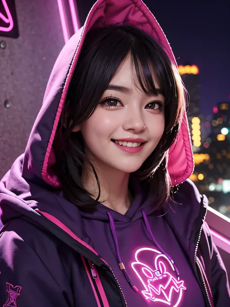 Detailed background, Masterpiece, Best quality, Smile, decorations, Hood, Portrait, Neon pink, scribbles, Dark, Night, Bright eyes, Purple light