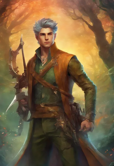 Elfo cabelos brancos, masculino, hunterxhunter, with two firearms in hand, casaco de couro, Floresta densa, detalhamento intrico, 4k