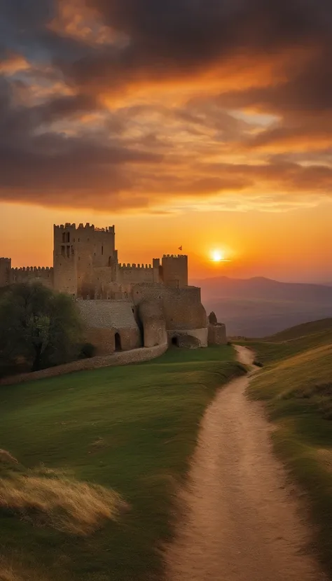 antiguo rey medieval, en la cima de una colina, viendo una aldea a lo lejos