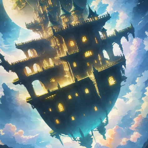 (best quality,4k,8k,highres,masterpiece:1.2),ultra-detailed,(realistic,photorealistic,photo-realistic:1.37),Hayao Miyazakis iconic style, Howls Moving Castle, Giant moving castle, magical world, enchanting scenery, extraordinary imagination, captivating st...