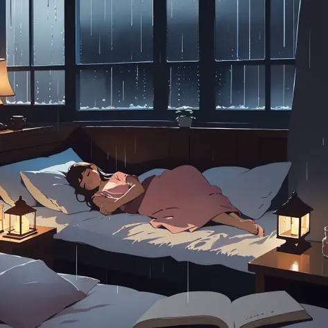 warm tomes, girl, room, cozy, night time, sleeping, rain outside the window, big window, relaxing