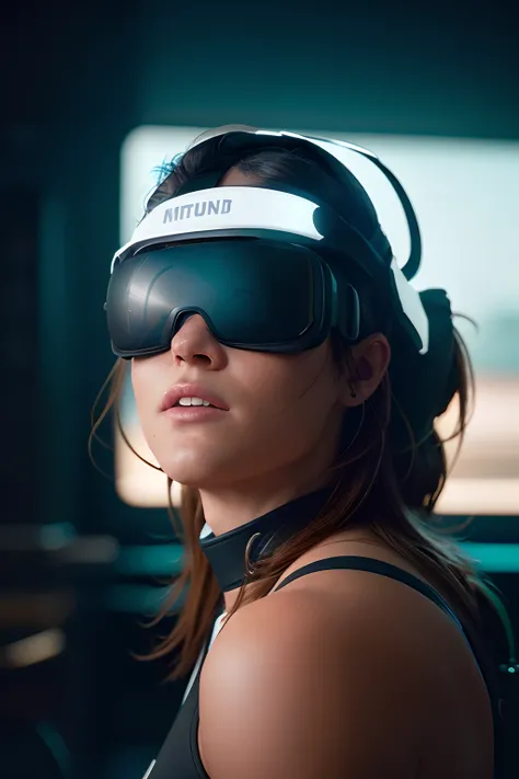 una mujer madura con un casco de realidad virtual oculus quest 2, el casco le tapa los ojos, fondo blanco, plano en medio perfil, hyperrealism photography, cinematic, Nikon D850 Film Stock Photography 4 Kodak Portra 400 Camera F1.6 lenses Rich colors Hyper...