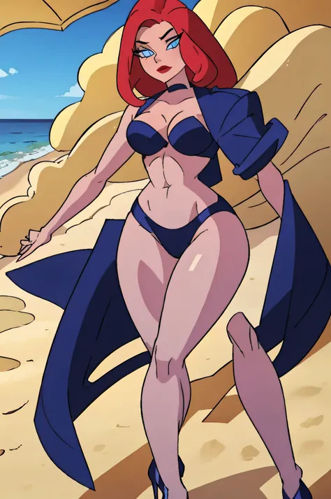 woman standing in the beach, long legs, posing, sexy pose, high heels, large G cup breasts, small waists, wide hips, large rear, hands and arm behind head, looking at viewer, seductive eyes, blue eyes, red lipstick, close mouth, long eye lashes, smooth whi...