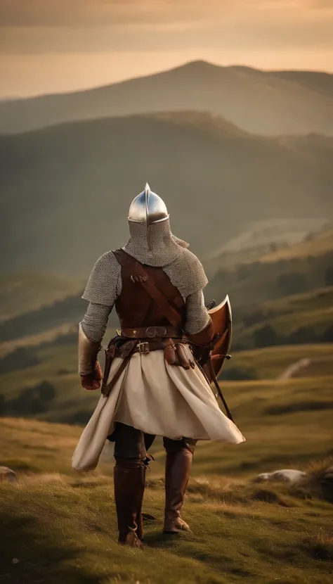 hombre blanco con barba, en armadura de batalla medieval, en la cima de una colina, mirando a lo lejos una aldea