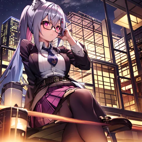 girls, pink hair, blue yellow eye, wolf ear, glasses, short skirt, school outfit, medium breast, stocking, horsetail hair style, night theme, park, sit on the chair