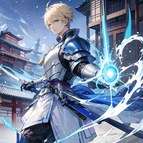 A mature man holding a blue sword overflowing with energy, blue armour, blue eyes, blonde short hair, traditional Japenese House in background