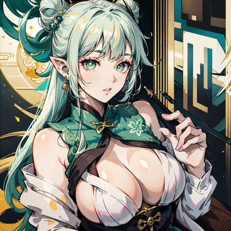 2.0) Lori huge breasts cleavage，white color hair，Bun head，on cheongsam，Genshin character，pointy ears，green-eyed，cross-shaped pupils，Genshin Nasita。