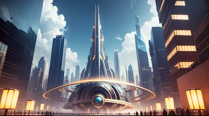 Pass charming futuristic images of the golden city，Enter a fascinating vision of the future，Golden sculpture, Golden infrastructure,  The vibrant lights of the city that never sleeps. In the midst of a bustling cityscape,  High-tech architecture, Its archi...