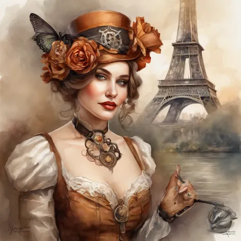 photo of (( )), wearing elegant dress steampunk items, modern day in Paris , intricate, elegant, highly detailed, digital painting, artstation, concept art, smooth, sharp focus, illu0.8ation, art by artgerm and greg rutkowski and alphonse mucha