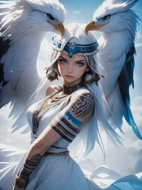 masterpiece, Cowboy shot, (1woman), (white fox), (tribal dress:1.2), (beautiful blue eyes), ((tribal (Eagle) tattoo)), white and blue colors, foggy background, dynamic pose, (looking at viewer), (front view), (from sky), (bokeh:1.2)