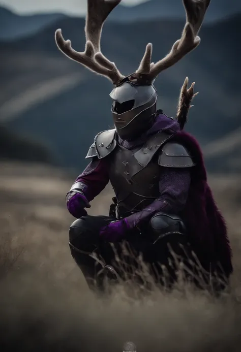 Knight Jackalope, short purple hair, jackalope antlers, dark armor(masterpiece, best quality)