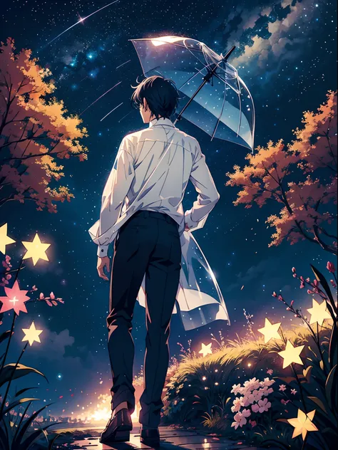 anime adult man with transparent umbrella, stars in thr sky, Starfall