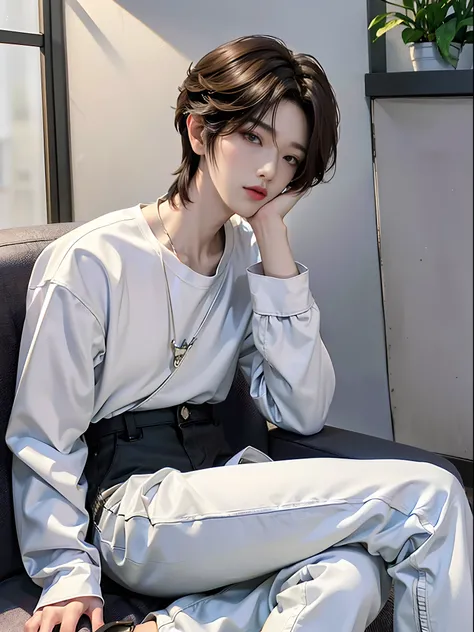 ​masterpiece、（top-quality)、((high-level image quality))、One Manly Boy、Slim body、((White Y-shirt and long black pants))、(Detailed beautiful eyes)、September Night Road、sitting on a curb、Face similar to Chaewon in Ruseraphim、((short hair above the ears))、((Sm...