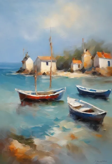 Seascape:Fishing boats anchord outside Of small Fishing village.High seas blue sky ambient occlusion.