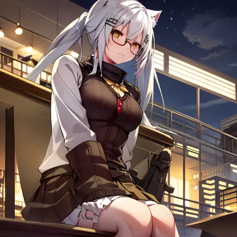 girls, white hair, yellow eye, cat ear, glasses, short skirt, school outfit, medium breast, stocking, horsetail hair style, night theme, park theme, sit on the chair, winter