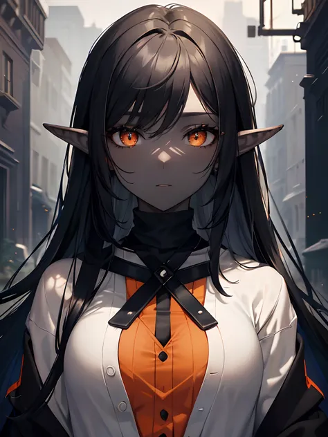 (Masterpiece, Best quality, ultra high resolution),1girl,dark black hair,elf ears, black skin, beautiful and detailed face, detailed eyes,cardigan,on a park,((gray and grayish orange theme))