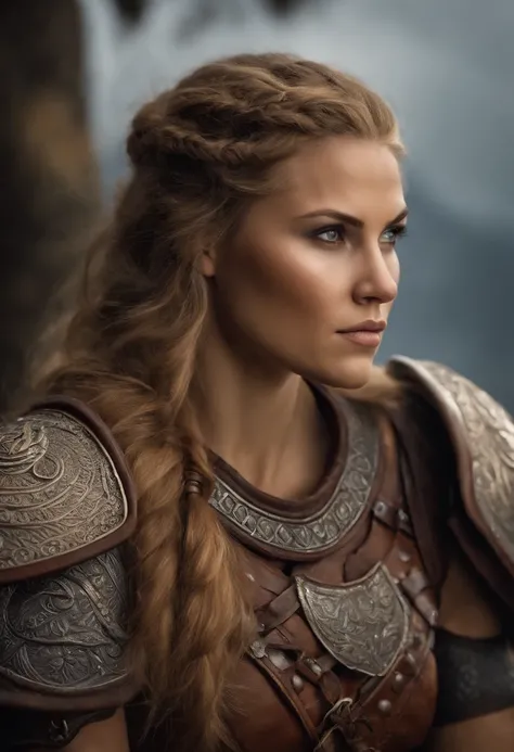 A realistic female Viking warrior, athletic, fuerce