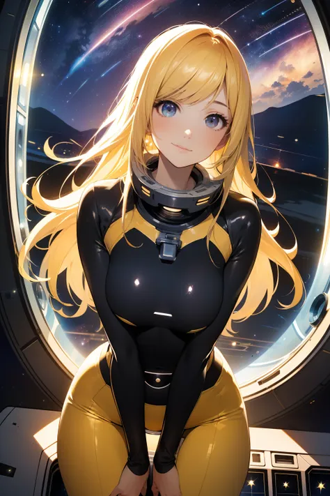 (masterpiece, best quality:1.2), (cowboy shot:1.1), solo, 1girl, mori yuki, slight smile, closed mouth, looking at viewer, blonde hair, thigh gap, yellow bodysuit, skin-tight, perfect body, belt, long blonde hair, large window, (starship porthole:1.3), fro...