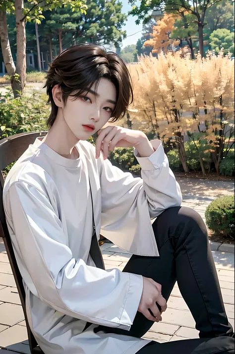 ​masterpiece、（top-quality)、((high-level image quality))、One Manly Boy、Slim body、((White Y-shirt and long black pants))、(Detailed beautiful eyes)、September Night Road、sitting on a curb、Face similar to Chaewon in Ruseraphim、((short hair above the ears))、((Sm...