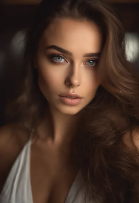 Femme arafed avec de gros seins, fille sexy aux yeux verts, Portrait Sophie Mudd, cheveux bruns et grands yeux, selfie of a young woman, Yeux de chambre, Violet Myers, sans maquillage, maquillage naturel, looking straight at camera, Visage avec Artgram, Ma...