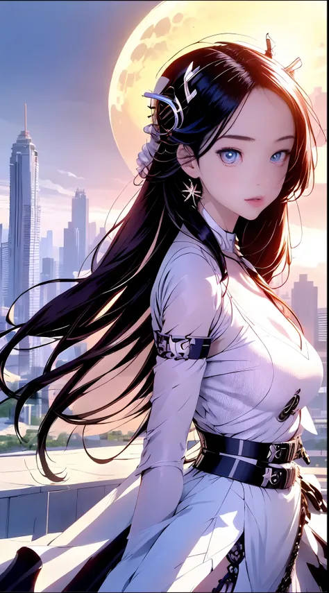 Cyborg girl against the backdrop of the city of the future