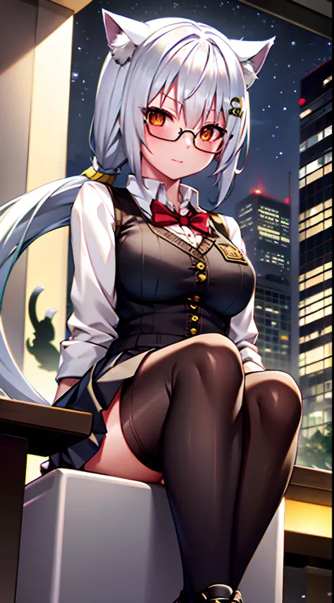 girls, white hair, yellow eye, cat ear, glasses, short skirt, school outfit, medium breast, stocking, horsetail hair style, night theme, park theme, sit on the chair, winter