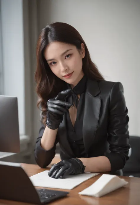 Wearing black leather gloves on both hands, Upper body, Black business suit, Facing the desk in my room with a computer in the dark, Look down and smile, Use a fountain pen to write a letter, Black hair was tied back for a long time, Still young and very c...