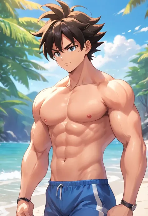 Muscle lifeguard，son goku，He was top-naked，Wear sexy white briefs：1.2，mesmerizing eyes，Tall and burly，musculous，Tall, Burly and strong， Extremely detailed depiction of faces，Exquisite facial features，super gain and cool， commission for high resolution， Att...