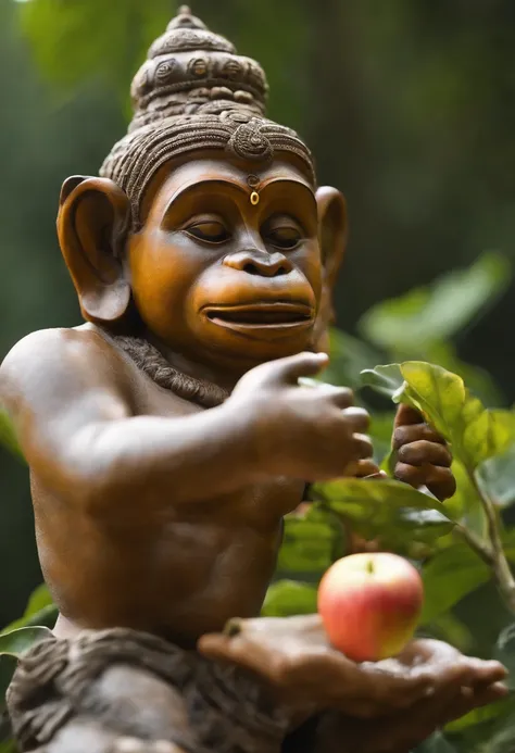 senhor Hanuman, Hindu god, Deus Macaco, alto detalhamento, master part, flying in sky, breathtaking background, Rosto detalhado, Holding an apple in your hand