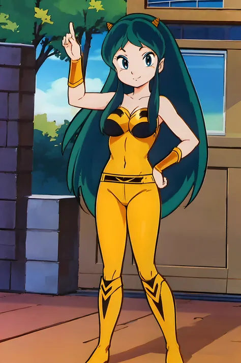 lum, superhero costume,, standing,, boots, oni, smile,, full body, sentai, pants, horns, curvy, big breast