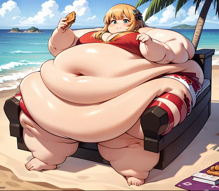 girlish, girlish, small girl, Small body, gordo, regordete, barriga grande, Blob, tumbado en la playa, Mar, Palmeras, muslos gordos, pies gordos, Brazos gordos, Dedos gordos de los pies, cuerpo ancho e hinchado