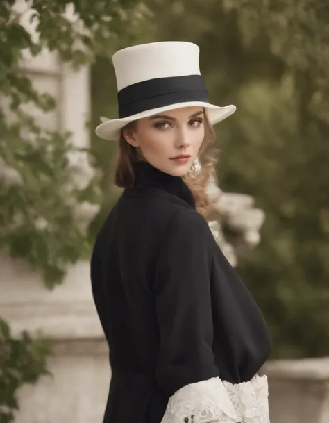 a model wears a black coat and a white hat,beautiful face, in the style of 32k uhd, rococo elegance, vintage-inspired designs, bold curves, ferrania p30, limited color range, magazine cover，upper body