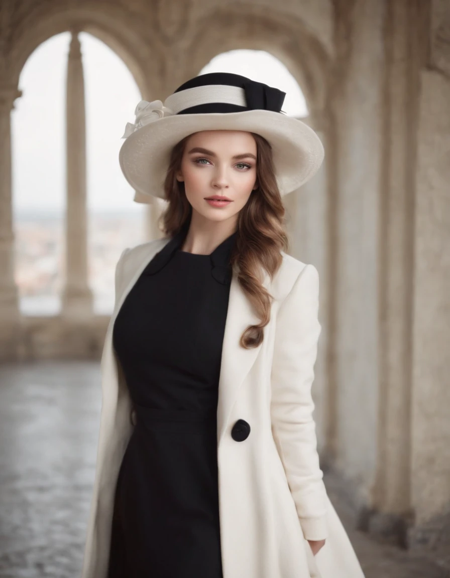 a model wears a black coat and a white hat,beautiful face, in the style of 32k uhd, rococo elegance, vintage-inspired designs, bold curves, ferrania p30, limited color range, magazine cover，upper body