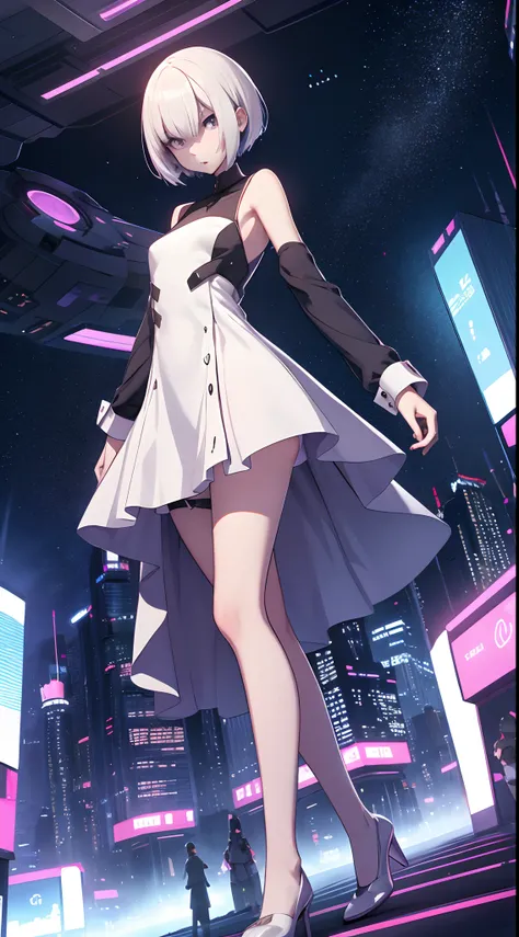 A slender girl in a short dress stands in full growth against the background of a night city of the 23rd century