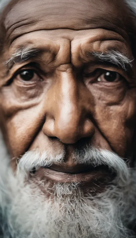 Detailed and macro photo of an elderly mans face, black skin, long white hair , Taken with a Sony A7r camera with a FE 50mm lens - F 2.8g lens.