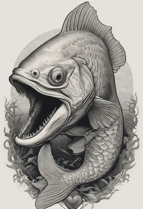 a drawing of a fish with a large mouth and a large body, a detailed drawing inspired by Earnst Haeckel, behance contest winner, pop surrealism, lovecraftian sea creature, aaron horkey, aquatic creature, aaron horkey style, dzo, highly detailed creature, lo...