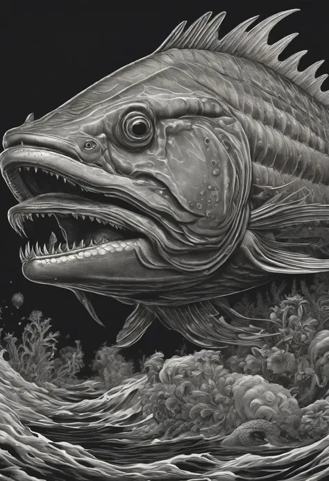 a drawing of a fish with a large mouth and a large body, lovecraftian sea creature, aaron horkey, aquatic creature, inspired by Earnst Haeckel, aaron horkey style, dzo, highly detailed creature, lovecraftian creature, by Chris Rahn, hajime sorayama aaron h...