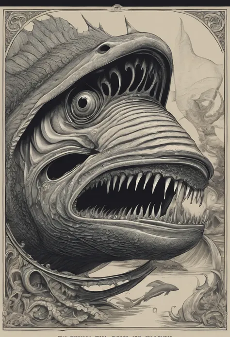 a drawing of a fish with a large mouth and a large body, lovecraftian sea creature, aaron horkey, aquatic creature, inspired by Earnst Haeckel, aaron horkey style, dzo, highly detailed creature, lovecraftian creature, by Chris Rahn, hajime sorayama aaron h...