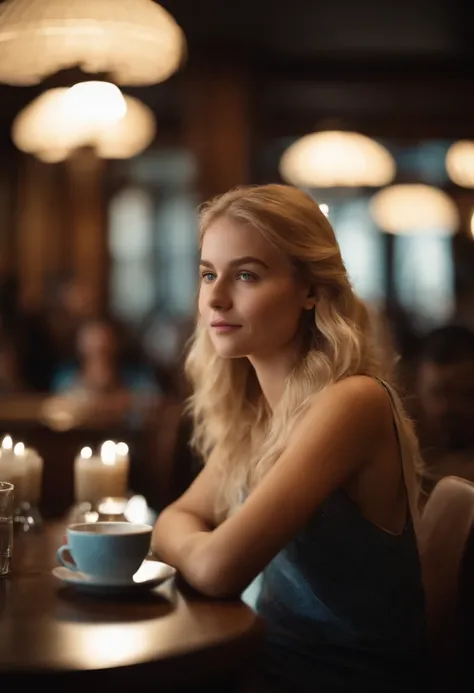 8k, UHD, Highres, masterpiece, award winning, High detailed raw color of 15 year old girl blonde streaked hair , blue eyes, sitting in a restaurant, drink coffee, people, lights, professional lighting,  Sony FE GM, 85mm, f/2.8, Ultra-Wide Angle, perspectiv...