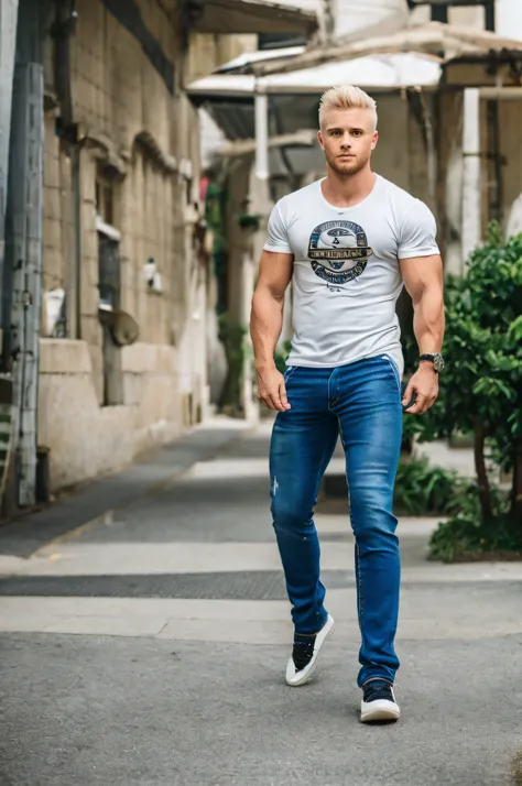 1 man, short blonde hair, blue eyes, body builder, wearing a plane t-shirt, jeans, keeping a snier on his sholder, high res, ult...