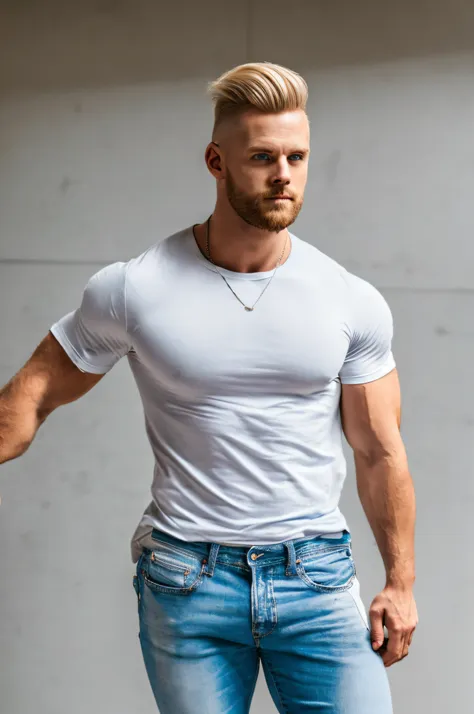 1 man, short blonde hair, blue eyes, body builder, wearing a plane t-shirt, jeans, keeping a snier on his sholder, high res, ult...