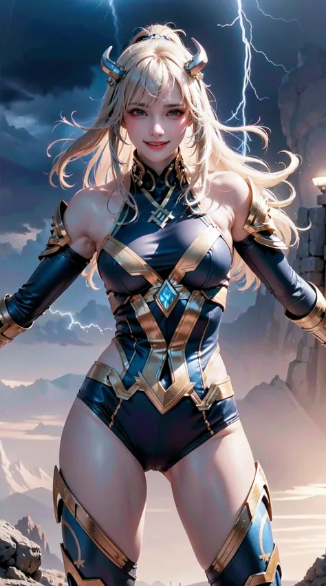 a powerful, female thunder god, (best quality, 4k, highres), lightning bolts, stormy skies, fierce expression, muscular physique, striking blue eyes, flowing golden hair, Norse mythology, ancient warrior, dramatic lighting, fantasy artwork, vibrant colors