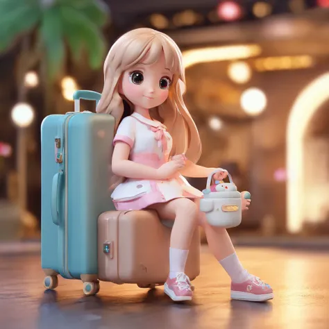 super cute IP girl by pop mart, long hair, bright eyes, cherub,Little white dress, clay, Models, a blind box toy, Bright and delicate,airport background, Good shine, suitcase in hand, 3D rendering of,best quality